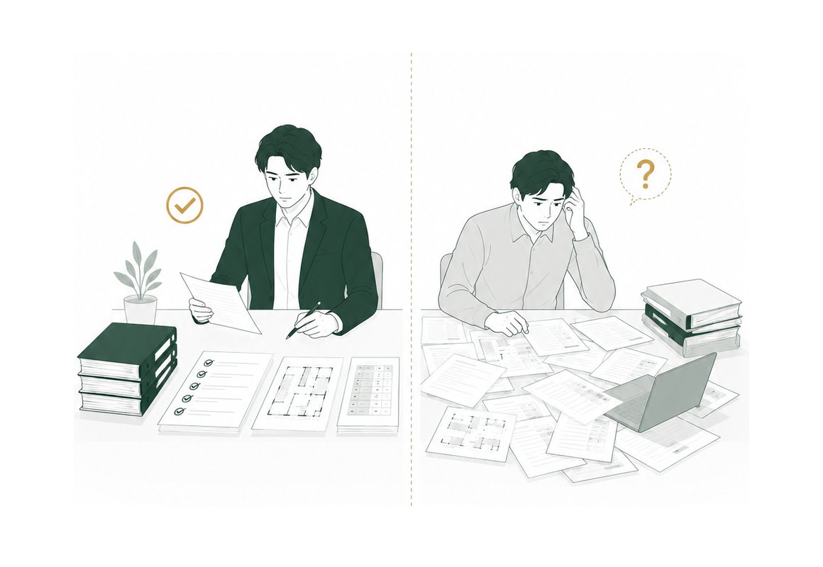 整理された状態で確認を進める担当者と、資料に埋もれている担当者の対比